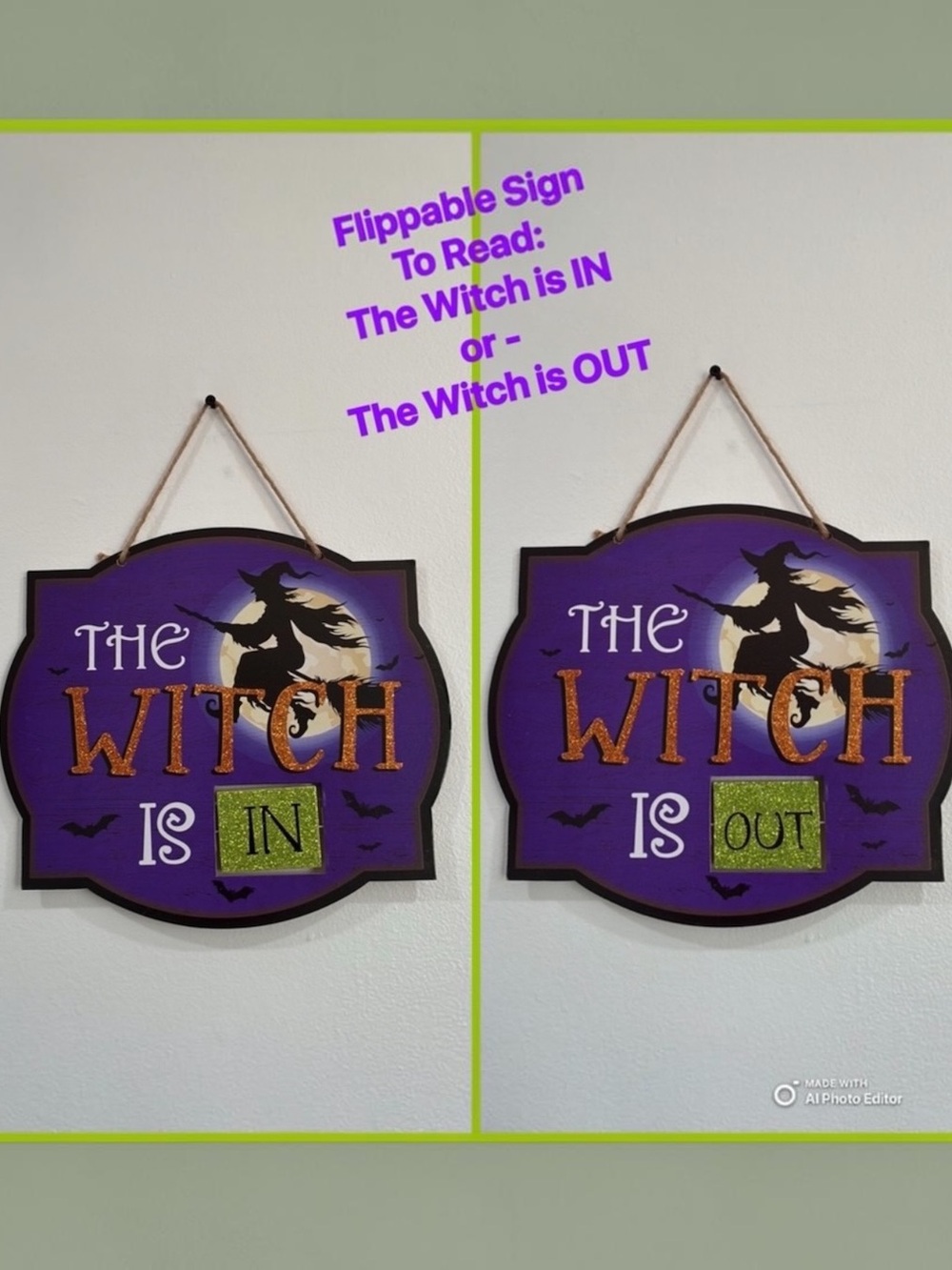 New Glittered “The Witch Is In/Out" Flippable Wooden Hanging Sign - Halloween